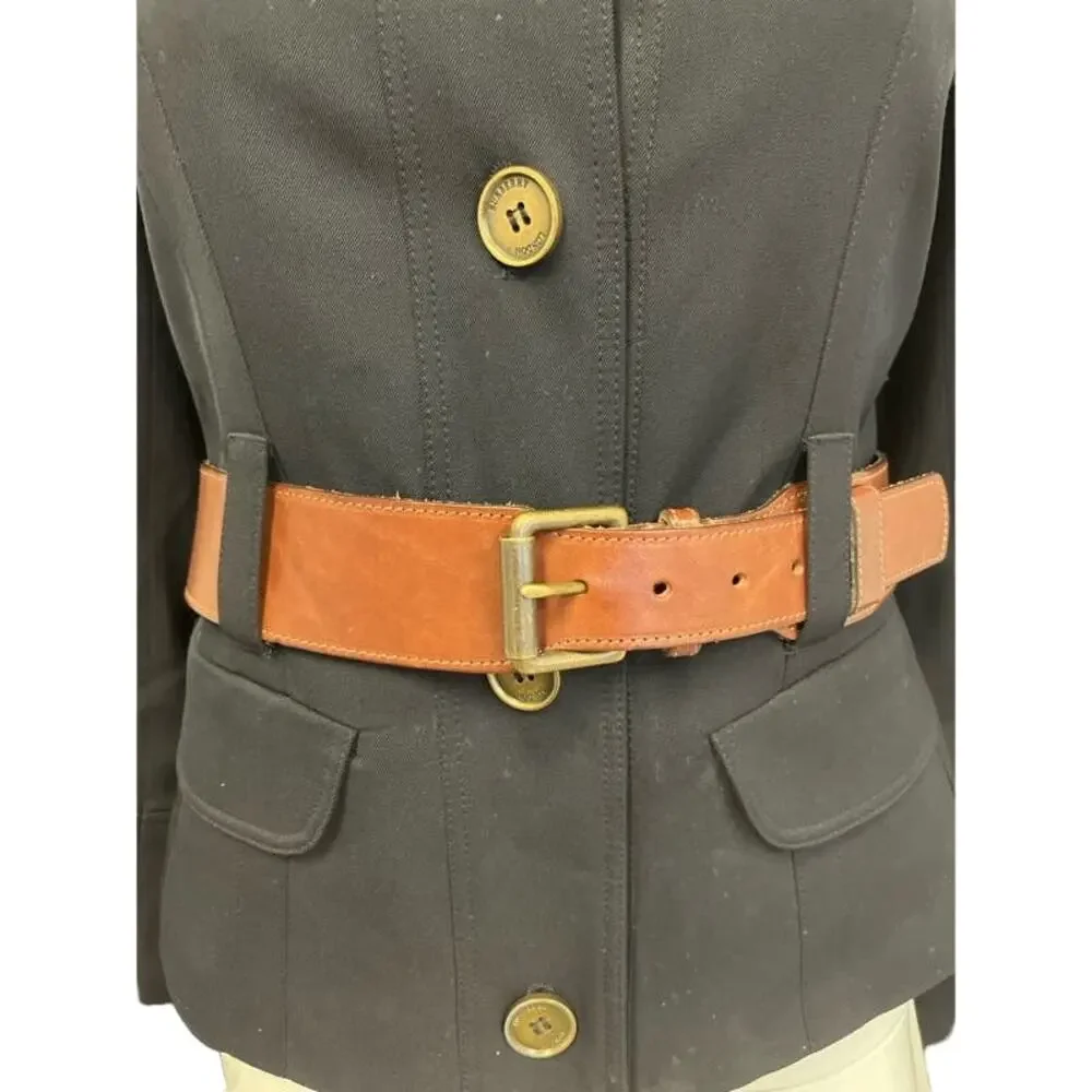 BURBERRY LONDON Blue Navy Collared Brown Leather Belted Jacket Blazer US 8 - Picture 3 of 5